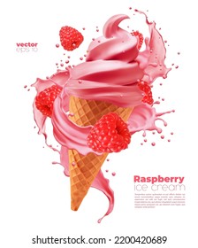 Isolated raspberry soft ice cream cone with splash. Vector realistic icecream in wafer cup with sauce swirl and flying ripe rasberry. Sweet creamy dessert, dairy summer cold snack