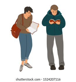 Isolated reading people . Hand draw Boys with interesting book. Vector cute flat illustration isolated on white background.