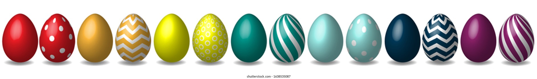 Isolated realistic 3D eggs rainbow colored on white background. Easter holiday celebration concept.