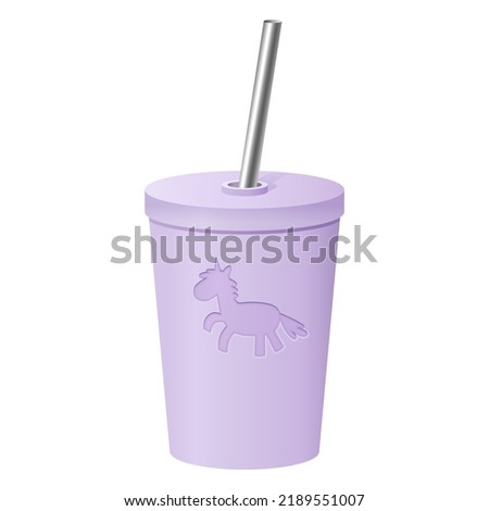 Isolated realistic 3d vector illustration of a purple tumbler cup with metal reusable straw and lid with pressed image of cartoon unicorn. Cute cup for kids in light pastel colors on white background.