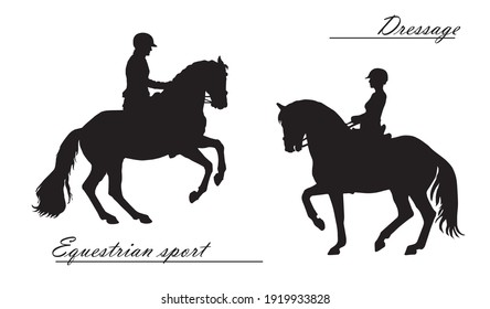isolated realistic black silhouettes of two riders on a white  background, 