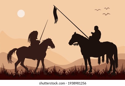  isolated realistic black silhouettes of two mounted knights on a colored background of sky and hills