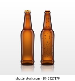 Isolated realistic brown glass beer bottle with water drops. Vector 3d illustration for design  placard, presentation, banners and cover. svg