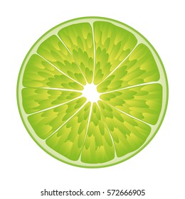 Isolated realistic colored circle slice of green color juicy lime on white background.