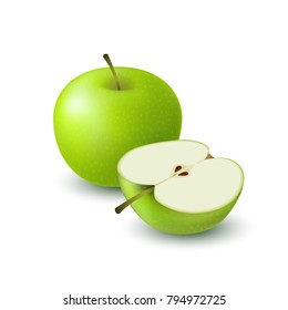 Isolated realistic colored green apple half and whole juicy fruit with shadow on white background.