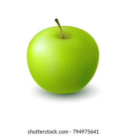 Isolated realistic colored green apple. Whole juicy fruit with shadow on white background.