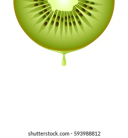 Isolated realistic colored half circle slice of green color juicy kiwi with drop of juice on white background.