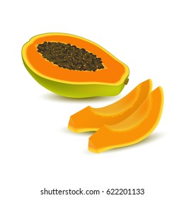 Isolated realistic colored half slice of juicy orange papaya, pawpaw, paw paw with seeds with shadow on white background and two slices without peel. Side view.