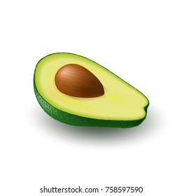 Isolated realistic colored half slice of juicy avocado with pit with shadow on white background. Side view.