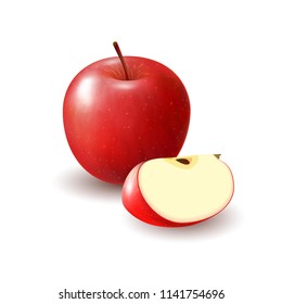 Isolated realistic colored red apple slice and whole juicy fruit with shadow on white background.