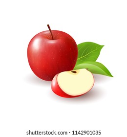 Isolated realistic colored red apple slice and whole juicy fruit with green leaves and shadow on white background.