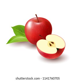 Isolated realistic colored red half apple and whole juicy fruit with green leaves and shadow on white background.