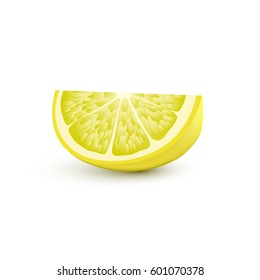 Isolated realistic colored slice of juicy yellow color lemon with shadow on white background.