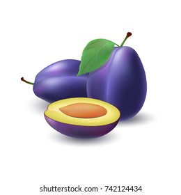 Isolated realistic colored two whole juicy purple plums with stick and leaf and half plum with pit with shadow on white background. Side view.