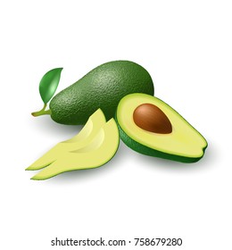 Isolated realistic colored whole juicy avocado with stick and green leaf, half avocado with pit and slices with shadow on white background. Side view.