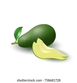 Isolated realistic colored whole juicy avocado with stick and green leaf and slices with shadow on white background. Side view.