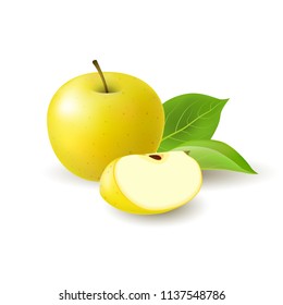 Isolated realistic colored yellow apple slice and whole juicy fruit with green leaves and shadow on white background.