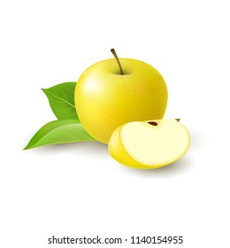 Isolated realistic colored yellow apple slice and whole juicy fruit with green leaves and shadow on white background.