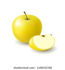 Isolated realistic colored yellow apple slice and whole juicy fruit with shadow on white background.