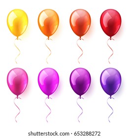 Isolated Realistic Colorful Glossy Flying Air Balloons set. Birthday party. Ribbon.Celebration. Wedding or Anniversary.Vector Illustration.