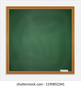 Isolated realistic dark green background and wooden frame, rubbed out dirty chalkboard, vector illustration