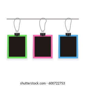 Isolated realistic empty vector photo frames mockup with clips. Template photo design.