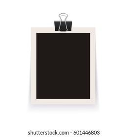 Isolated realistic empty vector photo frame with clamp. Template