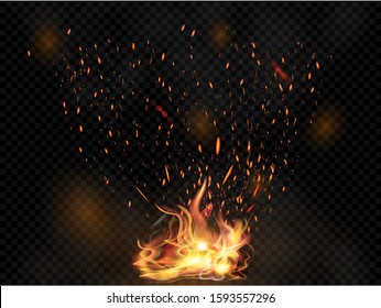 Isolated, realistic fire effect for your projects, design, covering and decoration on the dark transparent background. Bright burning fire flames elements. Concept of sparkles, flame, light and smoke.