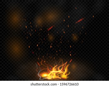 Isolated, realistic fire effect for your projects, design, covering and decoration on the dark transparent background. Bright burning fire flames elements. Concept of sparkles, flame, light and smoke.
