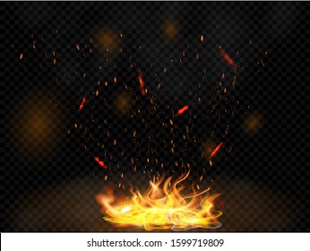 Isolated, realistic fire effect for your projects, design, covering and decoration on the dark transparent background. Bright burning fire flames elements. Concept of sparkles, flame, light and smoke.
