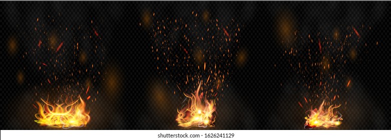 Isolated, Realistic Fire Effects For Your Projects, Design, Covering And Decoration On Dark Transparent Background. Concept Of Bright Sparkles And Fire Flames Elements. Vector Illustration Collection.