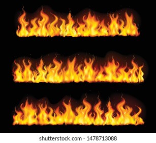 Isolated realistic fire flame borders icon set with three tall long pillars of fire vector illustration