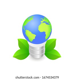 Isolated realistic globe icon in the form of an electric lamp with leaves on a white background. Ecological action Earth hour, saving the planet. Vector illustration.