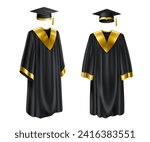 Isolated realistic graduation gown and cap. 3d vector apparel for degree ceremony in University. Black formal robe with golden decor and mortarboard with a tassel symbolizing academic achievement