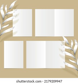 isolated realistic half-fold standart leaflet with silver leaves on the sand color background editable mockup for layout presentation, empty page, set