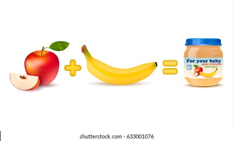 Isolated realistic images of red apple and banana shown as ingredients for high nutrition baby food in a can vector illustration