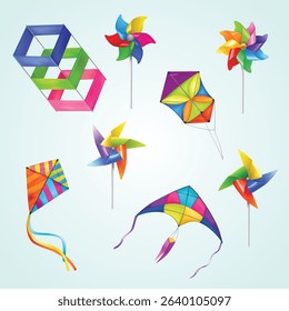 Isolated and realistic kite wind mill toy icon set with toys in different sizes flying in the sky vector illustration