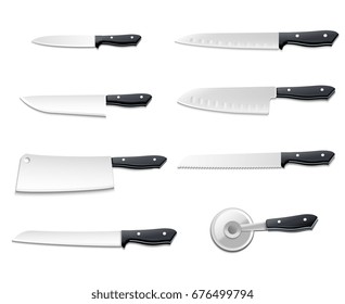 Isolated realistic knives icon set with sharp blades for pizza meat bread fish vector illustration