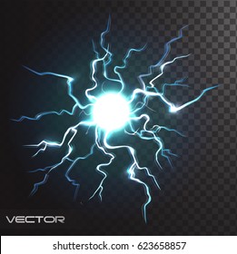 Isolated realistic lightning bolt with transparency for design. Flash thunderstorm and thunderbolt realistic effect. Magic and bright lighting natural effects with transparency vector illustration.