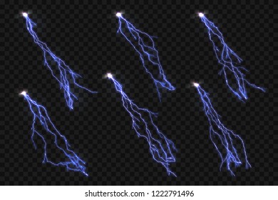 Isolated realistic lightning flash on checkered background. Thunderbolt light vector set #2