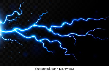 Isolated realistic lightning on dark background. Electric charge. Vector natural light effect