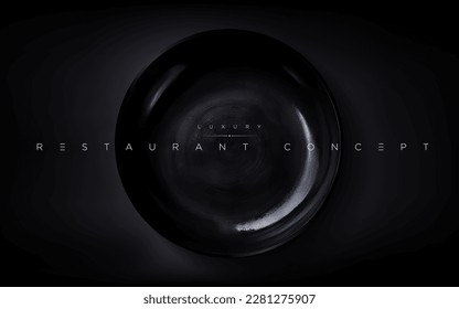 Platos redondos negros de lujo aislados y realistas sobre la mesa oscura. Papel pintado de 3d elegante para café premium, restaurante, cena fina, marca de comida, diseño de cubierta de menú etc... ilustración vectorial