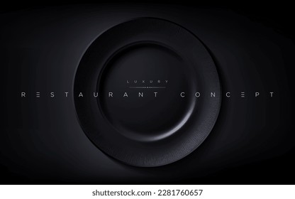 Einzeln realistischer Luxus-schwarze runde Platte auf dem dunklen Tisch. 3D elegante Tapete für Premium-Café, Restaurant, feines Essen, Lebensmittelmarke, Menü-Cover-Design etc... Vektorgrafik.