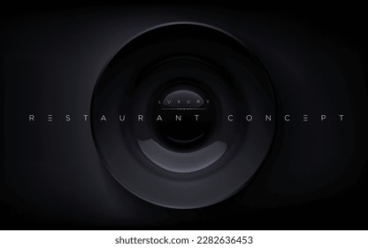 Isolated realistic luxury black round plate on the dark table. 3d elegant dish wallpaper for premium cafe, restaurant, fine dining, food brand, menu cover design etc… vector illustration