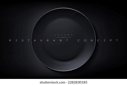 Isolated realistic luxury black round plate on the dark table. 3d elegant dish wallpaper for premium cafe, restaurant, fine dining, food brand, menu cover design etc… vector illustration