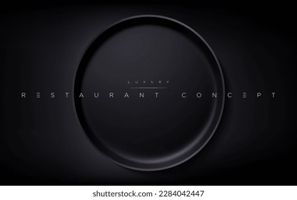 Isolated realistic luxury black round plate on the dark table. 3d elegant dish wallpaper for premium cafe, restaurant, fine dining, food brand, menu cover design etc… vector illustration