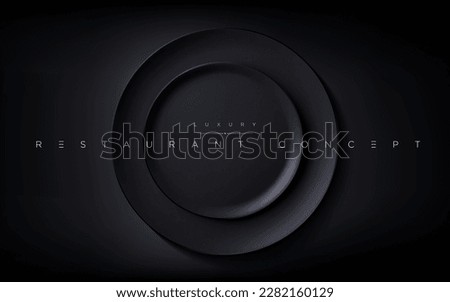 Isolated realistic luxury black round plate on the dark table. 3d elegant dish wallpaper for premium cafe, restaurant, fine dining, food brand, menu cover design etc… vector illustration