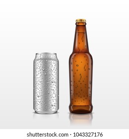 Isolated realistic metal aluminum drink can and brown glass beer bottle with water drops. Vector 3d illustration for design  placard, presentation, banners and cover.  