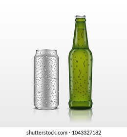 Isolated realistic metal aluminum drink can and green glass beer bottle with water drops. Vector 3d illustration for design  placard, presentation, banners and cover.  
