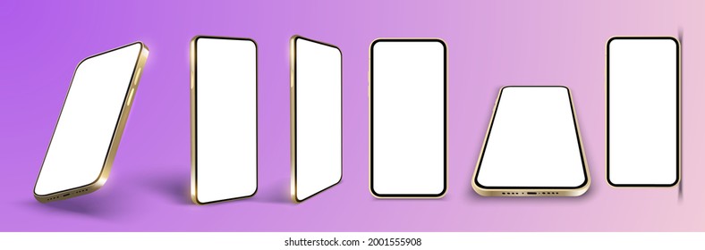 Isolated realistic mobile phone in various positions, side, top and tilt. A mock-up of a golden phone with a blank screen for text. Template for infographics or presentation UI, UX design interface. 
